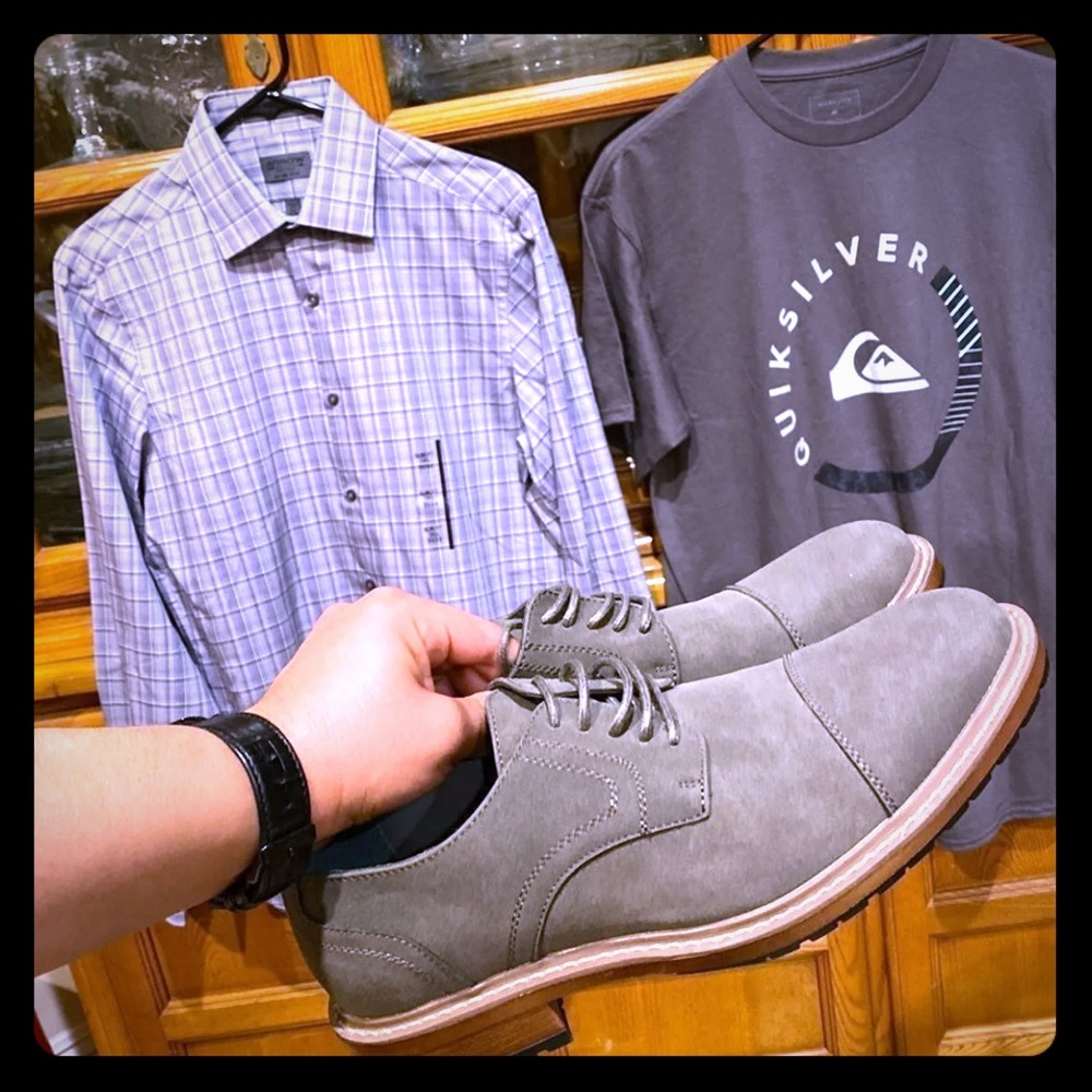 Perry Ellis dress shoes , vans tee, + dress shirt